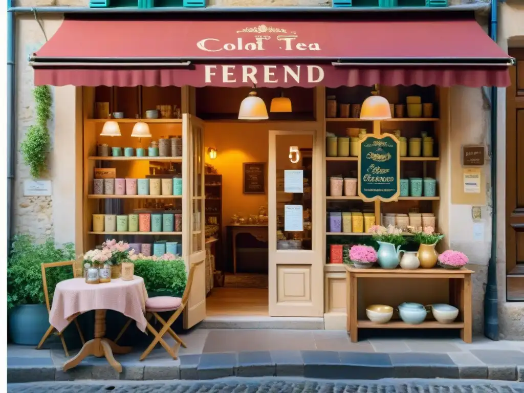 Una encantadora tienda de té francesa en una calle empedrada de Provenza, con flores coloridas y clientes curiosos