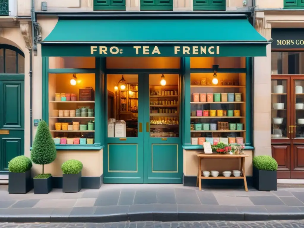 Una encantadora tienda de té francesa en un callejón parisino: coloridas flores, elegante letrero y accesorios de té