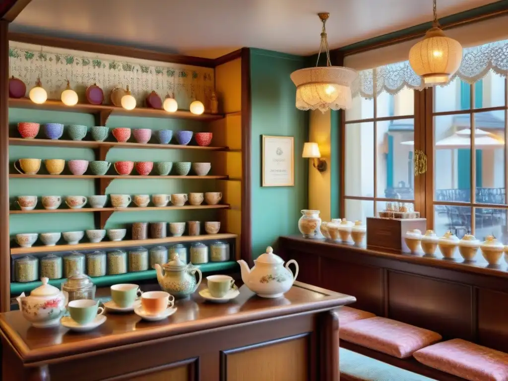 Una encantadora tienda de té francesa con muebles vintage y clientes disfrutando de una taza humeante