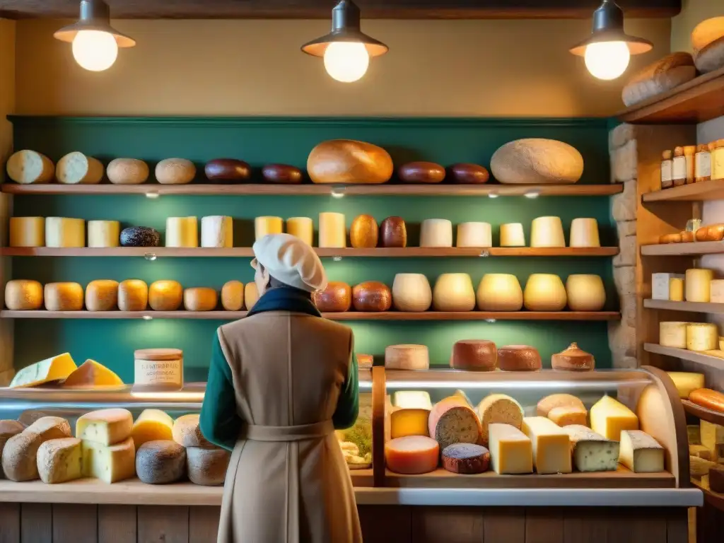 Encantadora tienda delicatessen francesa tradicional con variedad de quesos, embutidos y pan recién horneado