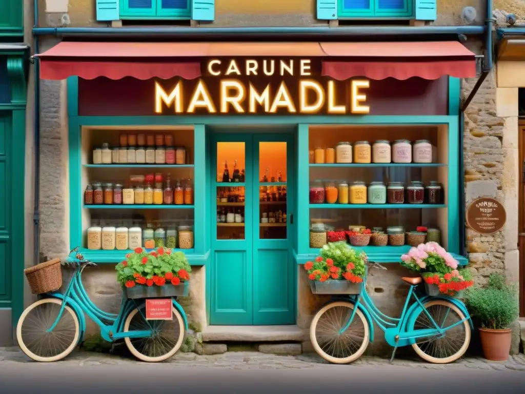 Encantadora tienda de mermeladas artesanales en la campiña francesa con bicicleta vintage y flores vibrantes en ventanas