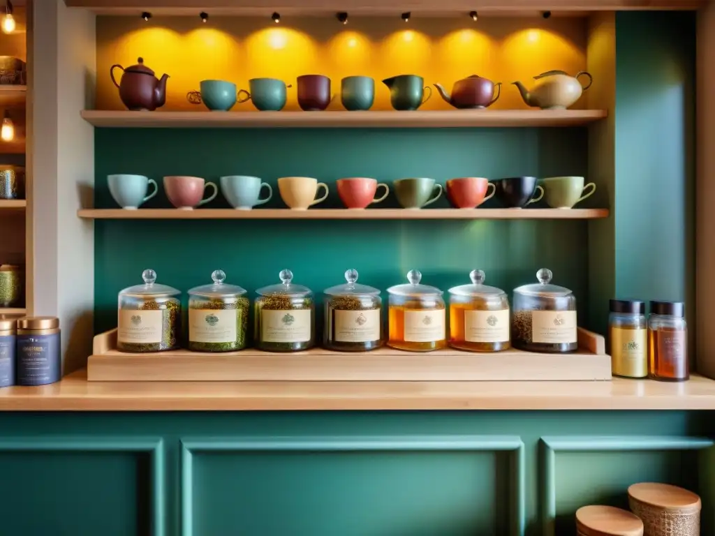 Encantadora tienda de té en Burdeos, Francia, con mostrador de madera rústica y coloridos envases de té