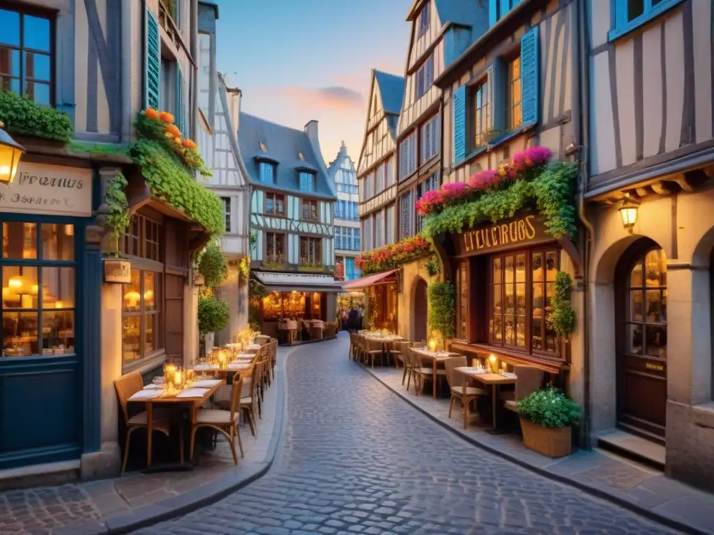 Secretos y encanto: Calles empedradas de Rouen al anochecer Descubre los encantadores bistrós secretos en el corazón de Rouen, iluminados por velas y flores coloridas al anochecer