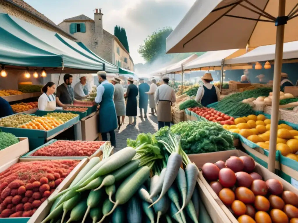 Energía en un mercado francés en Provence: colores vibrantes y productos orgánicos