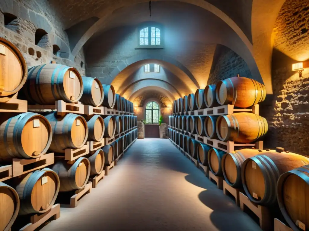 Enigmática bodega de vinos tintos franceses envejecidos, con barricas de roble y paredes de piedra centenarias