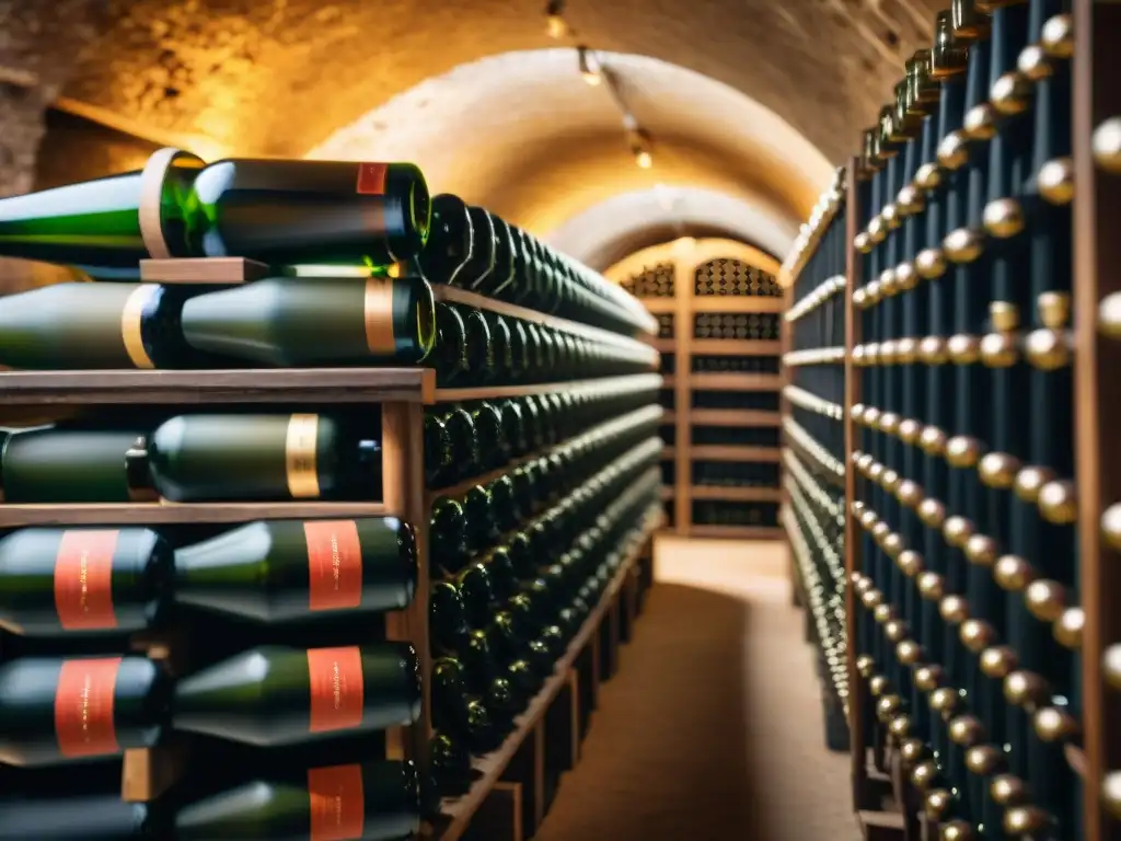 Un enólogo experimentado en una bodega histórica de Champagne, girando delicadamente botellas durante el proceso de removido