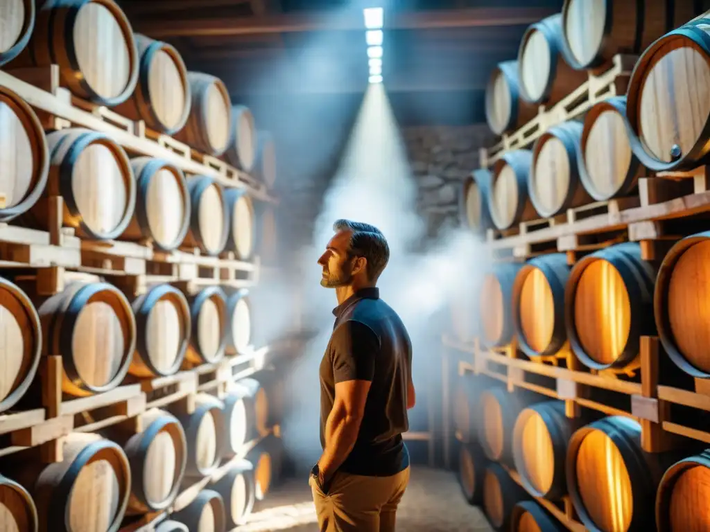 Un enólogo francés experto inspecciona barricas de roble en bodega, examinando la crianza de vinos blancos