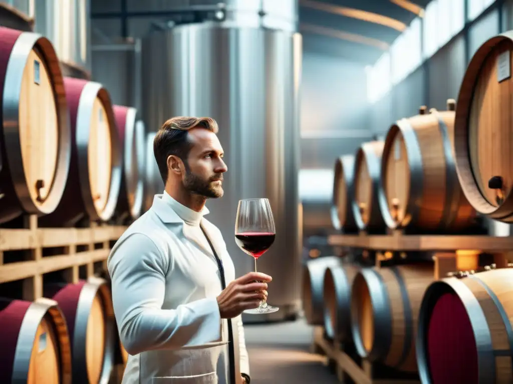 Un enólogo francés examina con concentración la tonalidad roja de un vino tinto en una bodega innovadora