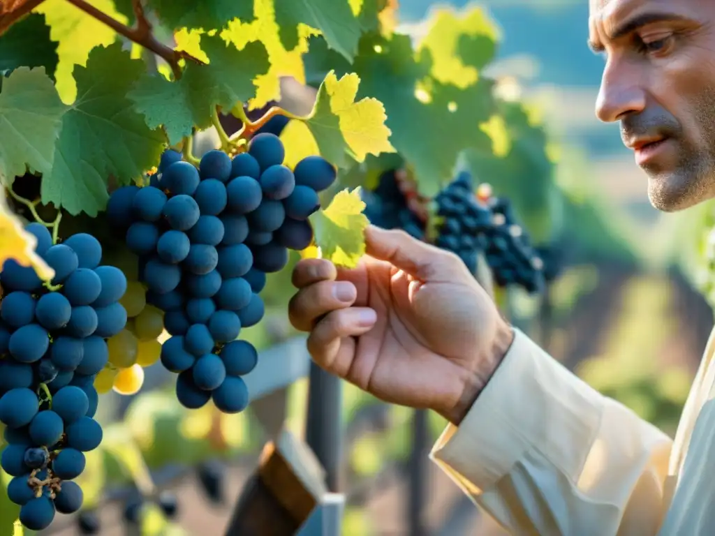 Un enólogo francés examina uvas Chardonnay en viñedo orgánico bajo el sol