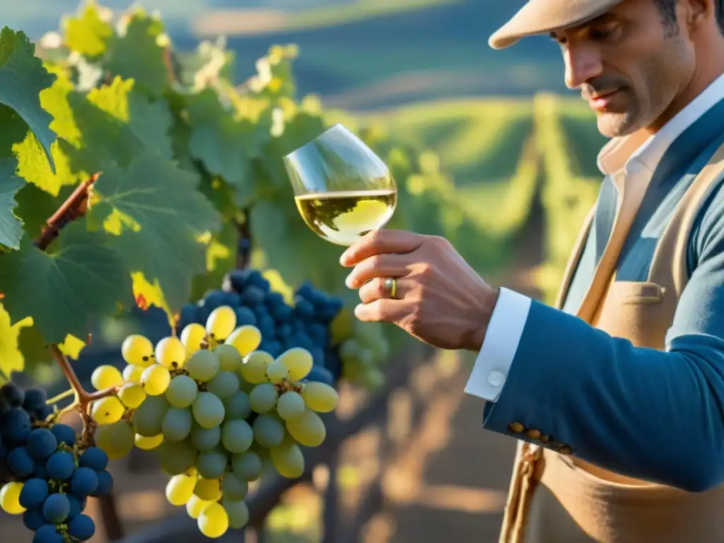 Un enólogo francés examina uvas Chardonnay en un viñedo soleado, mostrando dedicación en la producción de vinos blancos franceses premiados