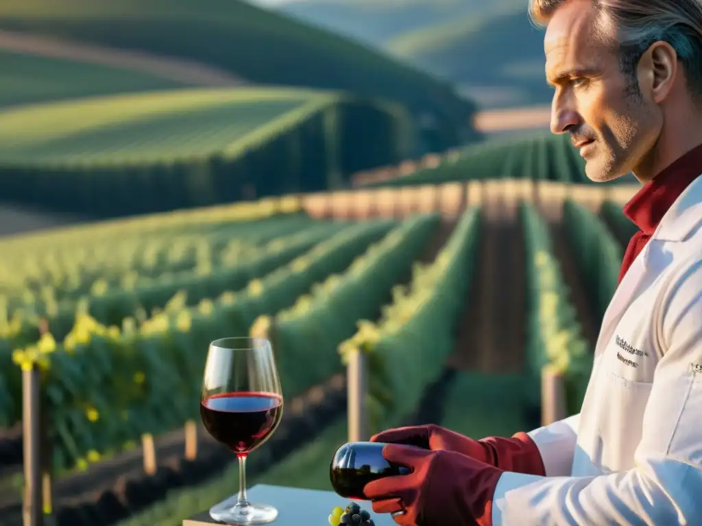 Un enólogo inspecciona vinos tintos franceses innovadores en bodega al atardecer