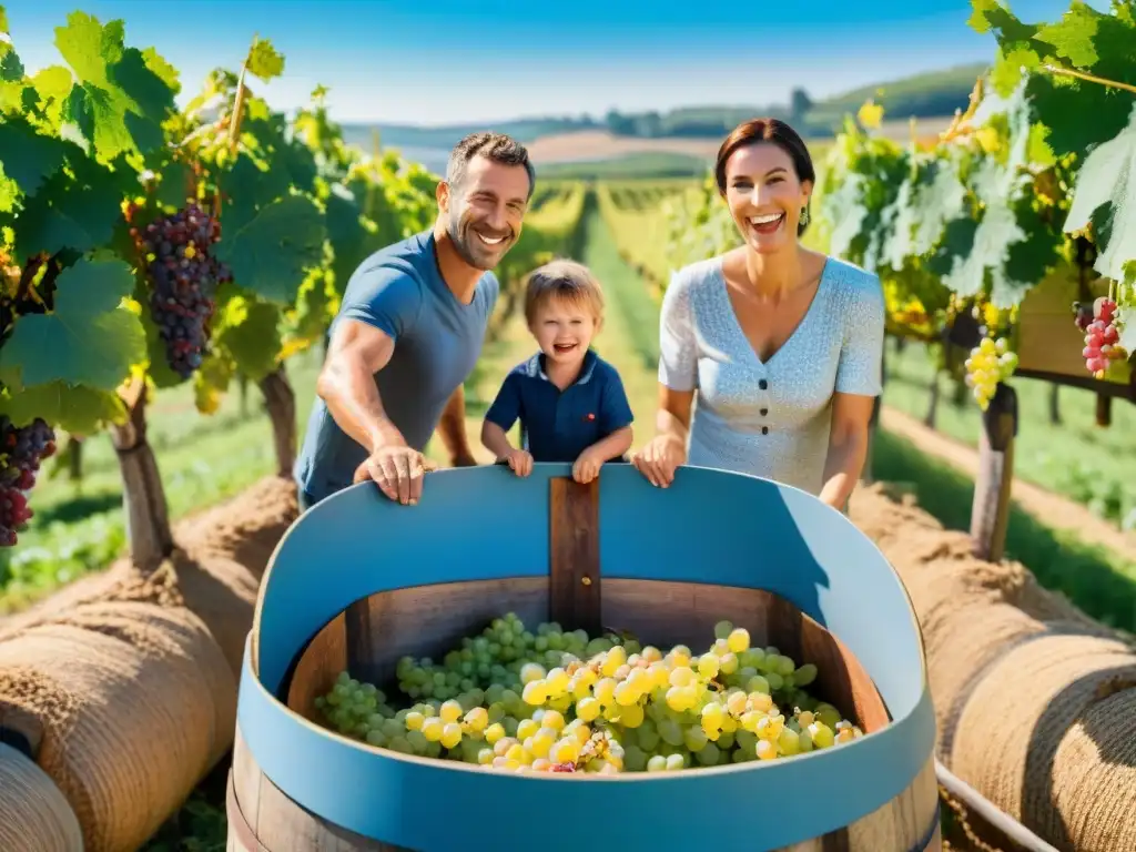 Disfrute del enoturismo en familia en Francia, pisando uvas en un viñedo pintoresco