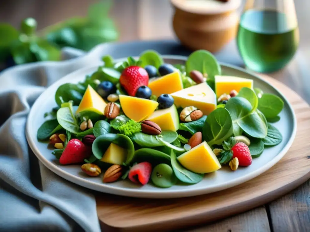 Una ensalada vibrante con frutas frescas, frutos secos y queso, perfecta para maridajes de vinos Loira