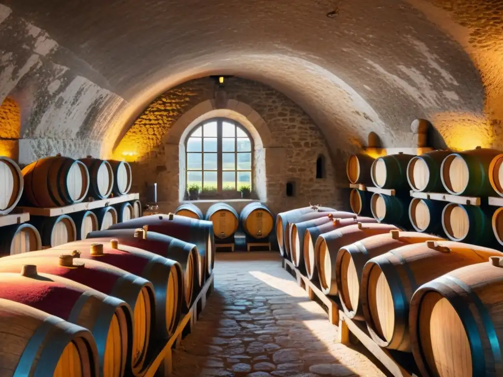 Envejecimiento de vinos tintos franceses en bodega de Burdeos, barricas de roble llenas de historia y tradición