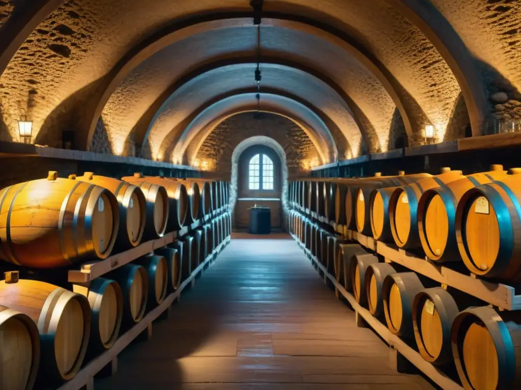 Envejecimiento de vinos tintos franceses en bodega centenaria, con barricas de roble y telarañas