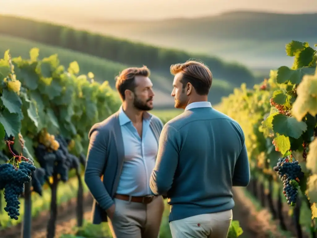 Equipo de producción Champagne en viñedo francés al atardecer