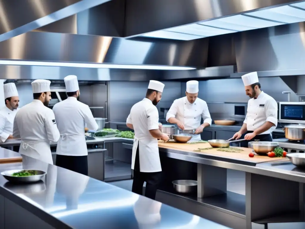 Un equipo de chefs en una cocina de alta tecnología en una prestigiosa institución culinaria francesa, utilizando software culinario innovador Francia