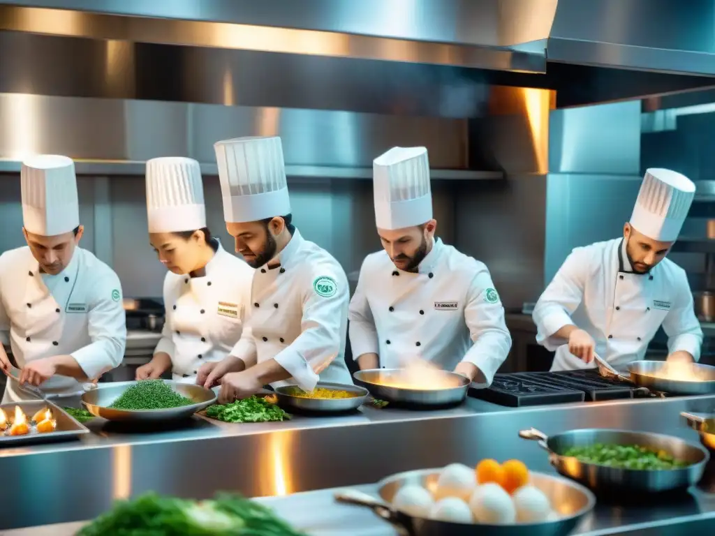 Un equipo de chefs en una cocina francesa preparando exquisitos platos con precisión y coordinación