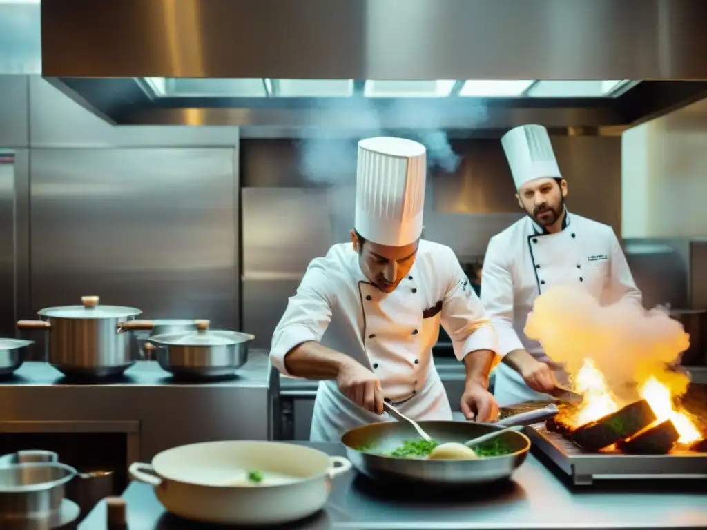 Equipo de chefs en una cocina francesa de los 70 durante la revolución culinaria