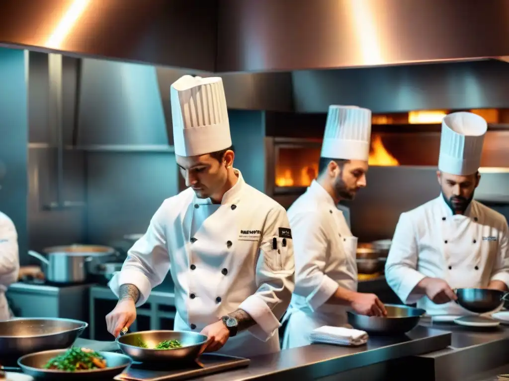 Equipo de chefs en una cocina de restaurante estrella Michelin en Francia durante el servicio de cena, mostrando precisión y arte culinario en acción