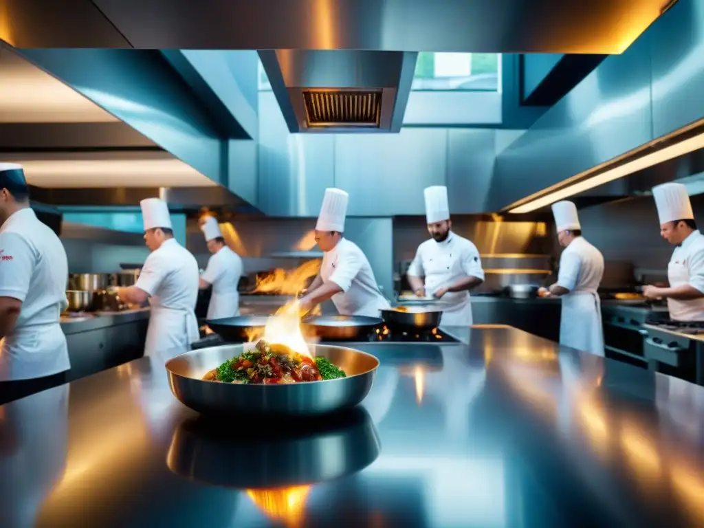 Un equipo de chefs en acción en la cocina de un restaurante Michelin, mostrando prácticas gastronómicas en restaurantes Michelin