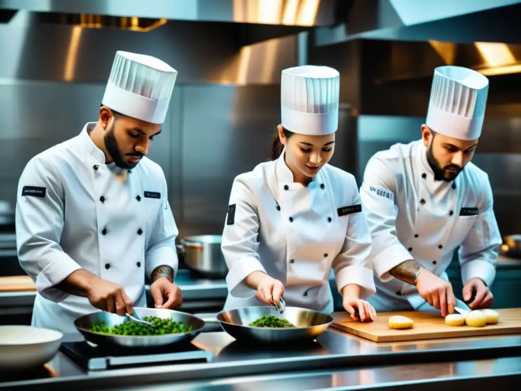 Equipo de chefs concentrados en preparación para competencias culinarias internacionales