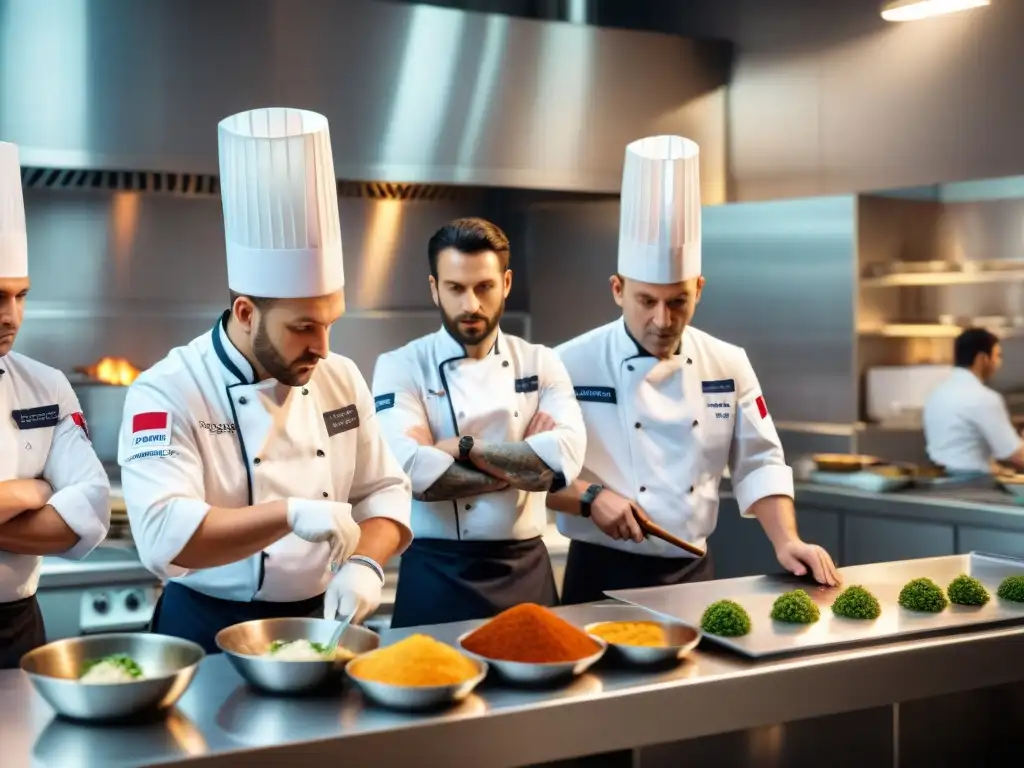 Equipo de chefs en concurso gastronómico en Francia, concentrados en plato complejo