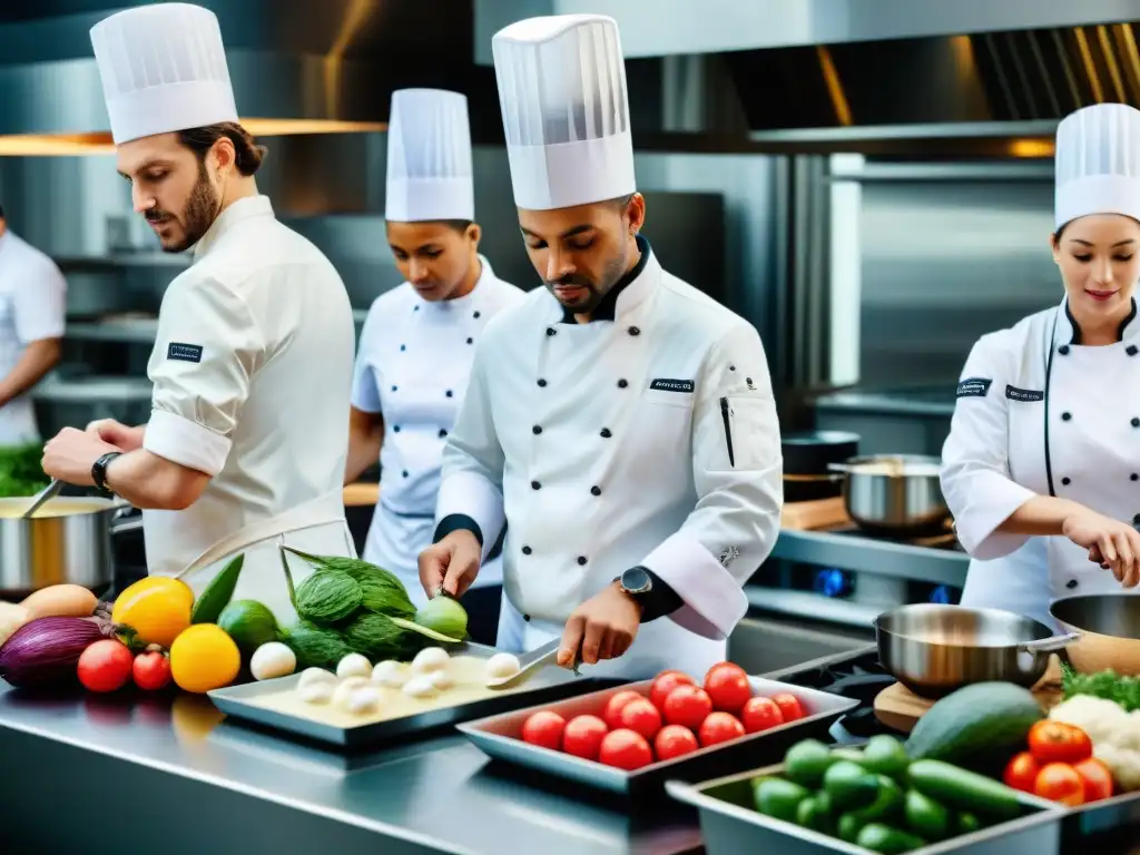 Equipo de chefs diverso en concurso de cocina francesa innovador