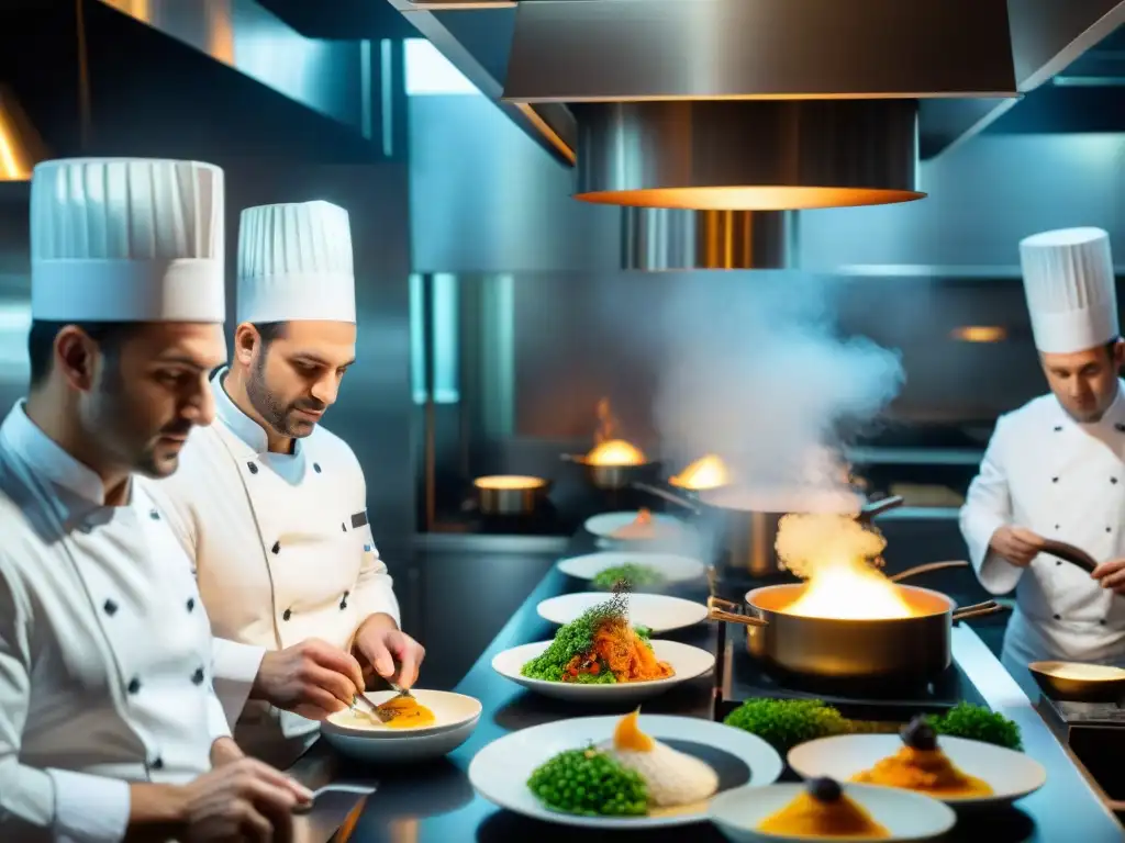 Equipo de chefs preparando exquisitos platos en un restaurante estrella Michelin en Francia