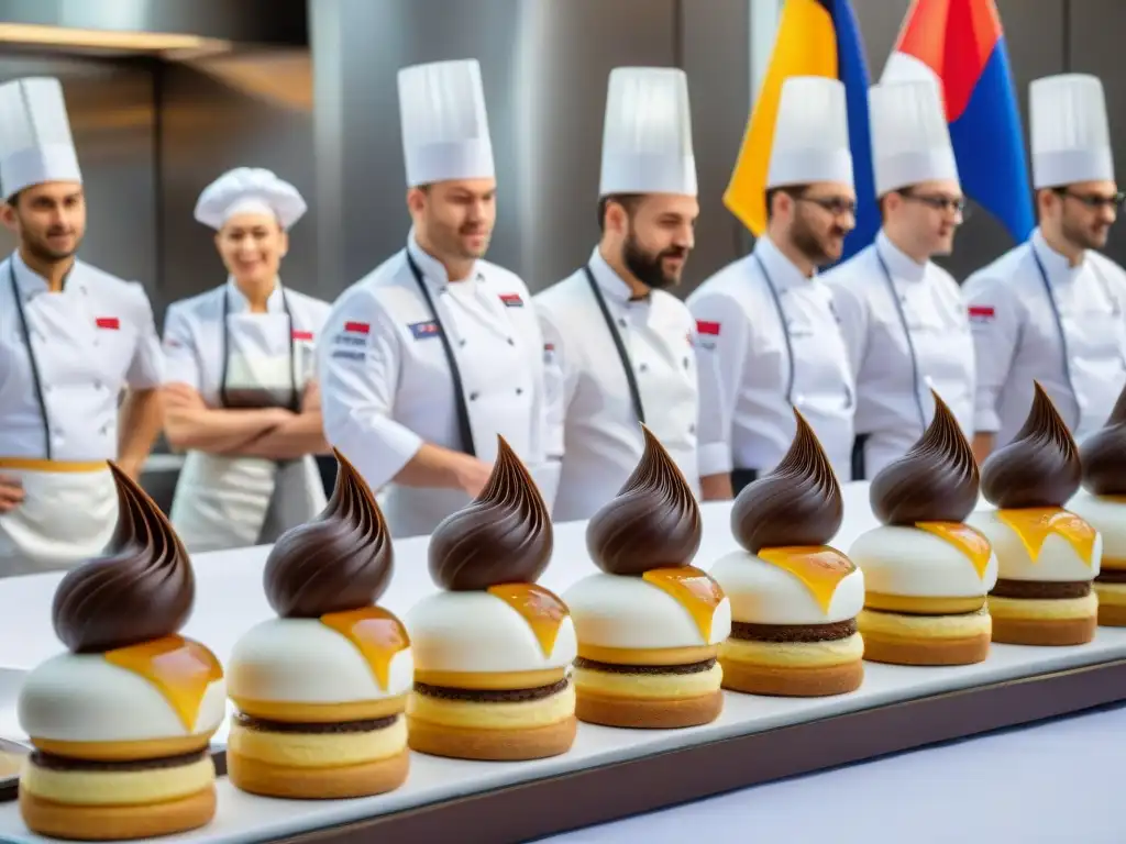 Equipo de chefs franceses en concurso culinario internacional, creando obras maestras de repostería bajo la atenta mirada de jueces