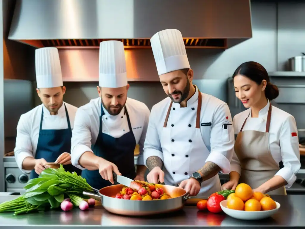 Equipo de chefs innovadores en una cocina bulliciosa de la gastronomía francesa Languedoc, rodeados de ingredientes frescos y utensilios de cocina, mostrando armonía y pasión