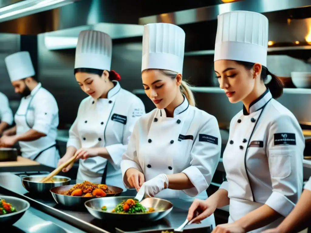 Un equipo de chefs mujeres en un animado restaurante francés, mostrando habilidad y pasión por la gastronomía