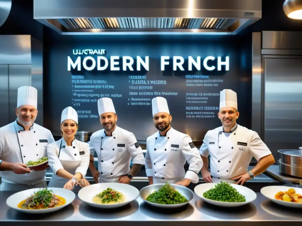 Un equipo de chefs crea platos innovadores en una bulliciosa cocina francesa, mostrando técnicas modernas y creatividad