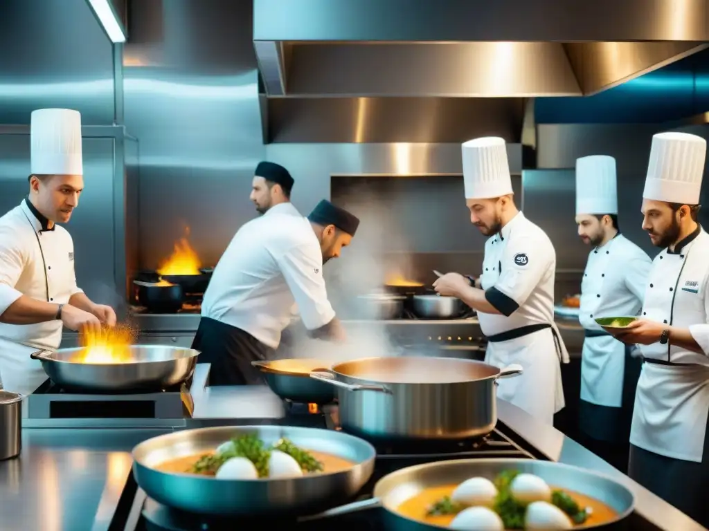 Equipo de chefs en un restaurante de Estrellas Michelin en Francia, creando platos con precisión y pasión