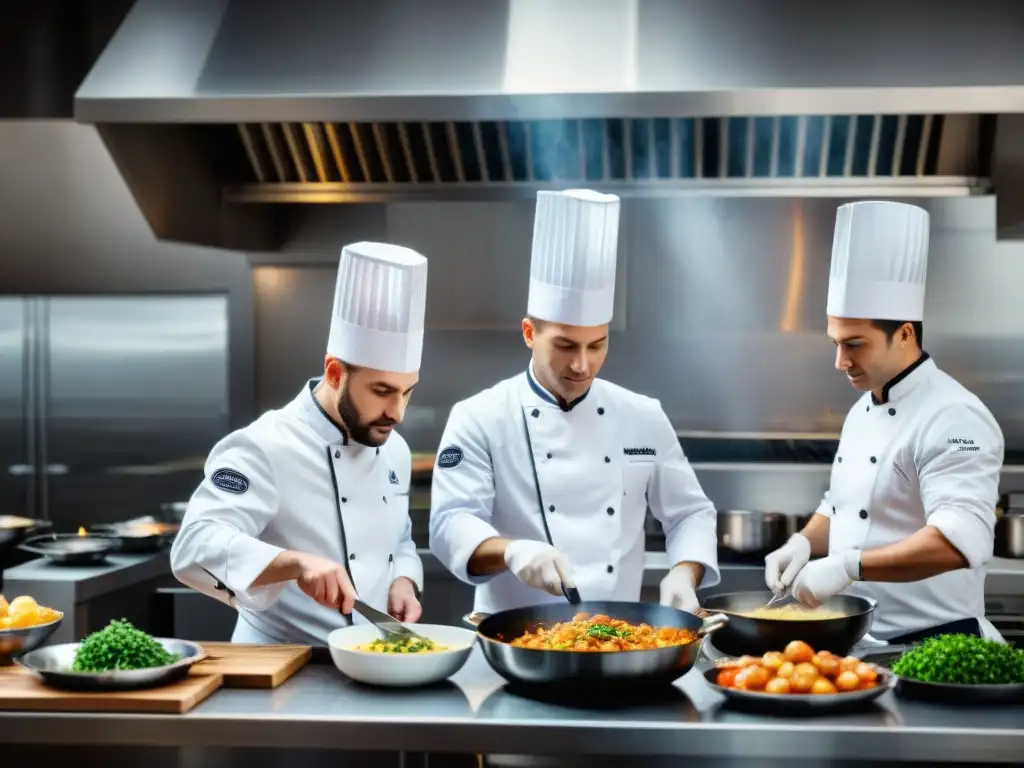 Equipo de competencias culinarias internacionales preparación de platillos franceses en cocina de vanguardia