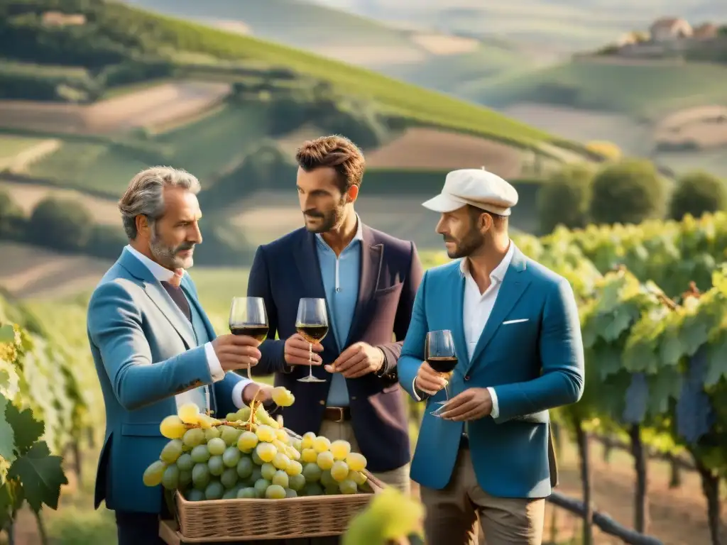 Un equipo de cooperativas vinícolas en Francia seleccionando uvas en un viñedo soleado