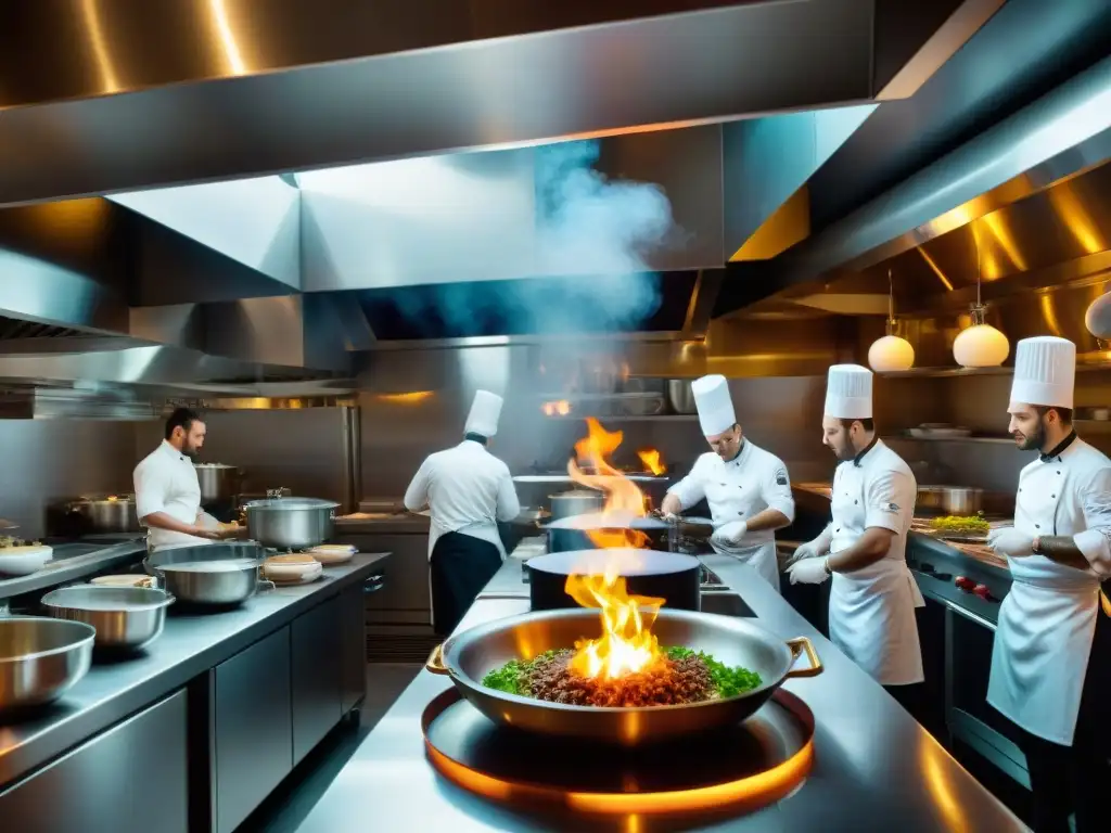 Un equipo diverso de chefs en una bulliciosa cocina estrella Michelin durante el servicio de cena, mostrando precisión y pasión en la cocina francesa