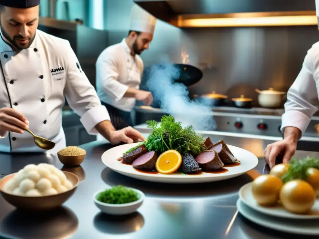 Un equipo diverso de chefs en una cocina francesa moderna preparando platos tradicionales con innovaciones culinarias