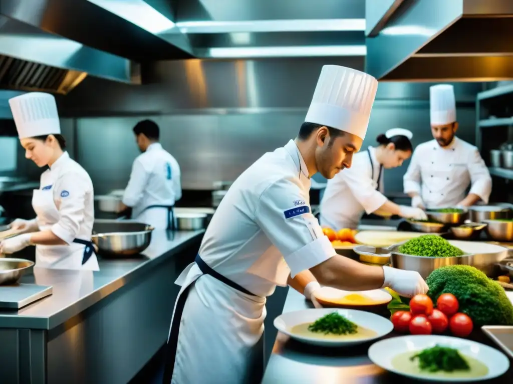 Un equipo diverso de chefs en Le Cordon Bleu París preparando exquisitos platos franceses