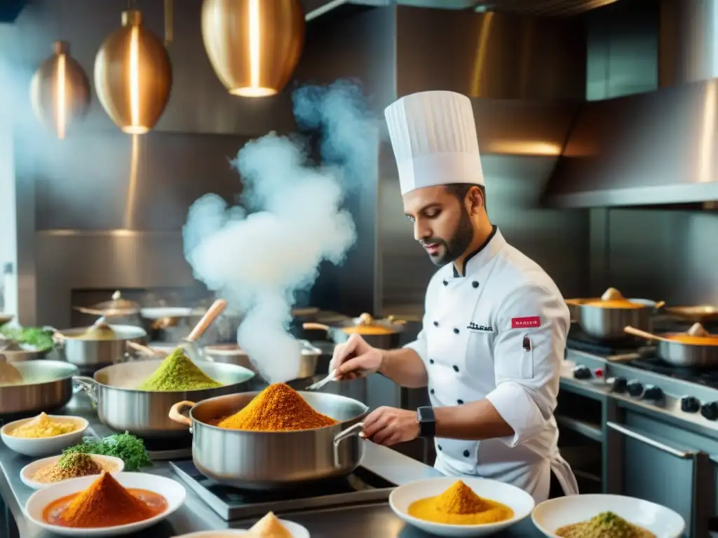 Un equipo diverso de chefs prepara innovador curry francés con pasión en una bulliciosa cocina francesa