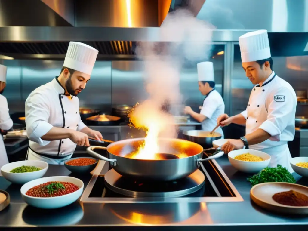 Un equipo diverso de chefs prepara plato fusionado Francia-Asia en cocina bulliciosa, reflejando influencia culinaria global en Francia