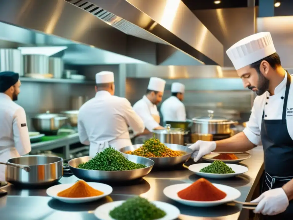 Un equipo diverso de chefs prepara platos fusionando técnicas culinarias francesas con sabores globales en una cocina de alta gama