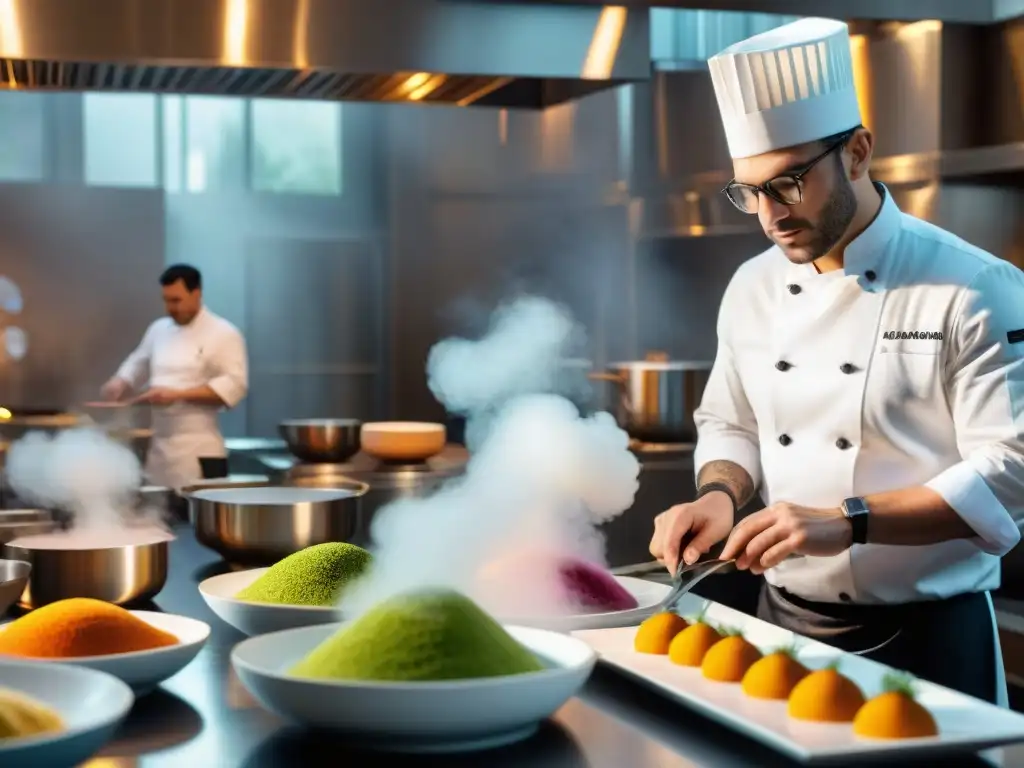 Un equipo diverso de chefs crea platos innovadores en una cocina francesa bulliciosa