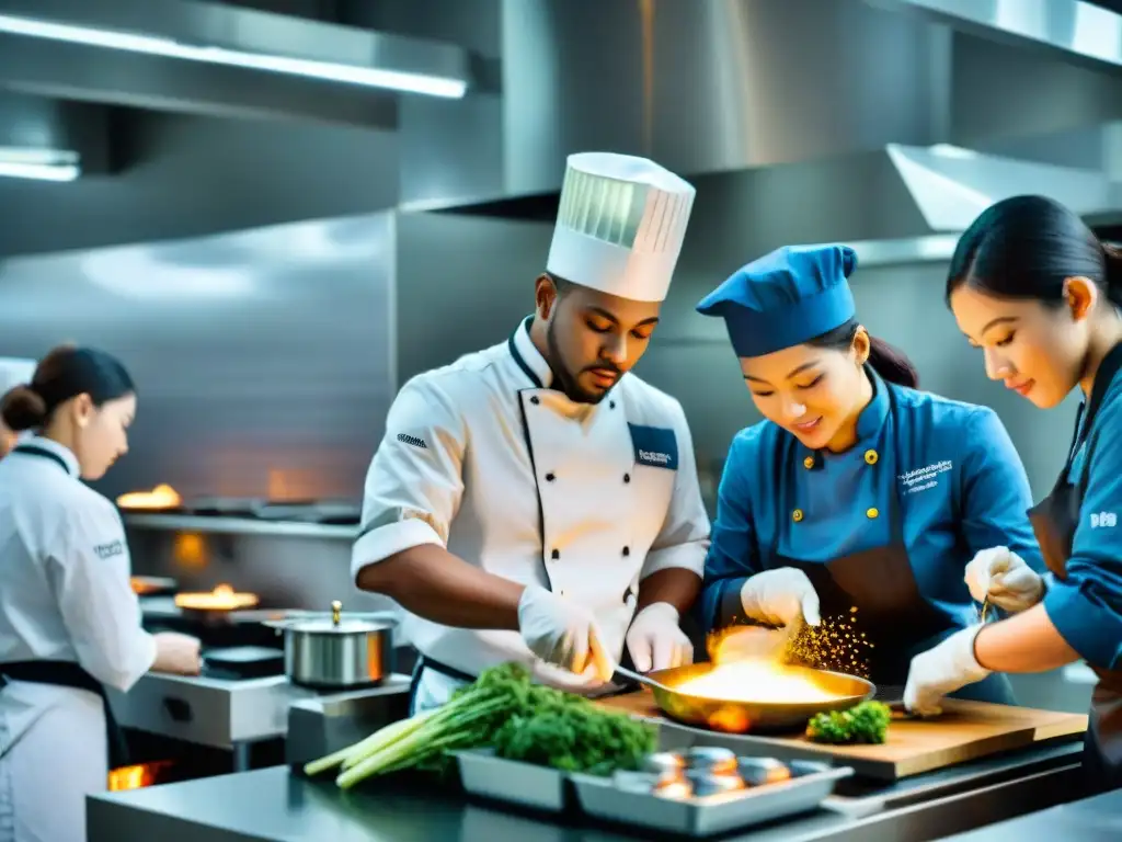 Equipo de estudiantes de competencias culinarias internacionales preparación en una cocina profesional, concentrados y determinados