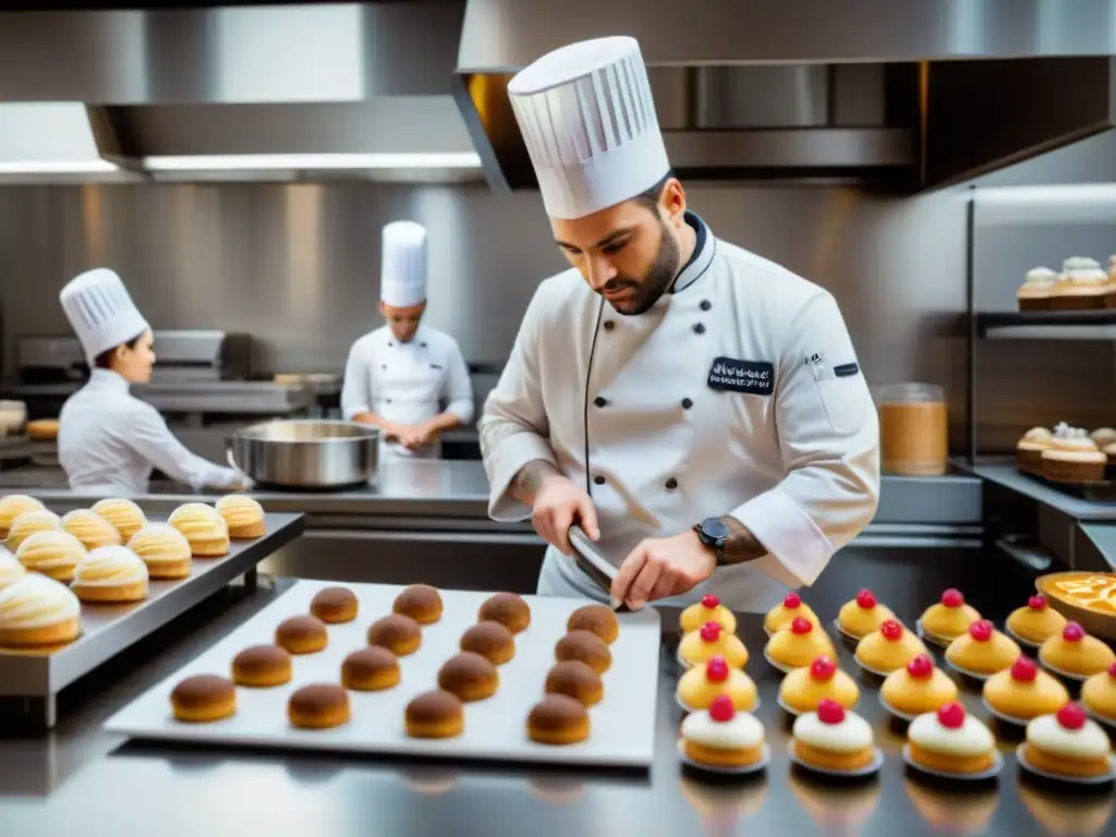 Un equipo de pasteleros en una bulliciosa cocina de pastelería francesa, usando electrodomésticos modernos en armonía con técnicas tradicionales