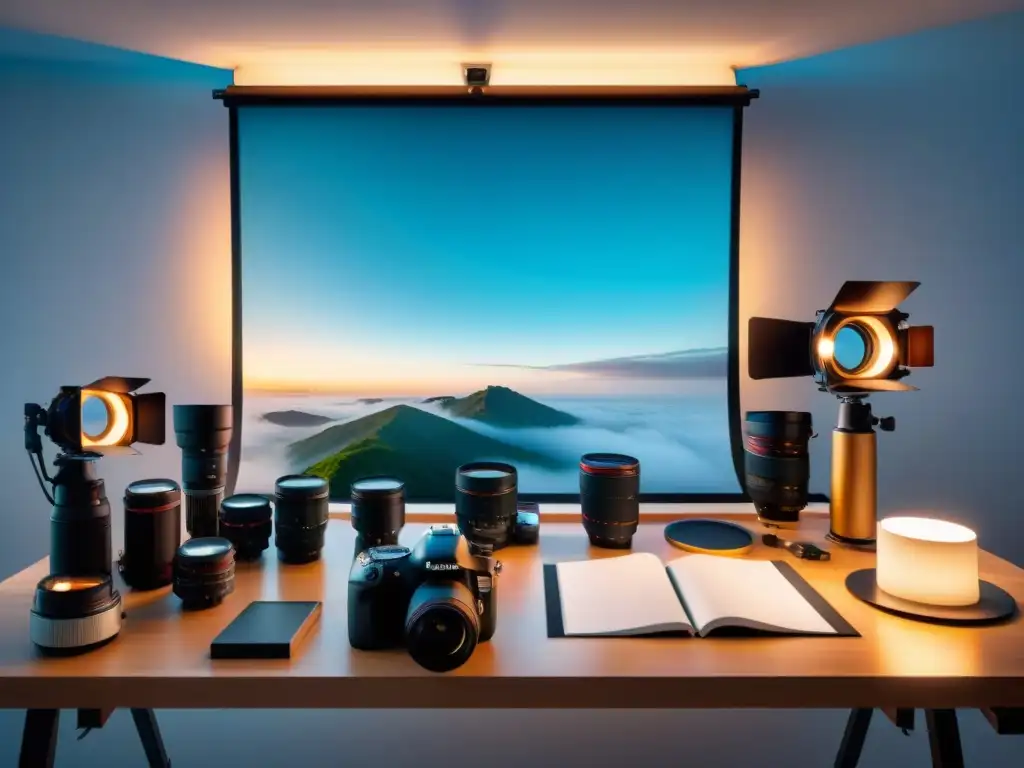 Equipo profesional de fotografía para platos franceses en Instagram, dispuesto con meticulosidad en una mesa bien iluminada