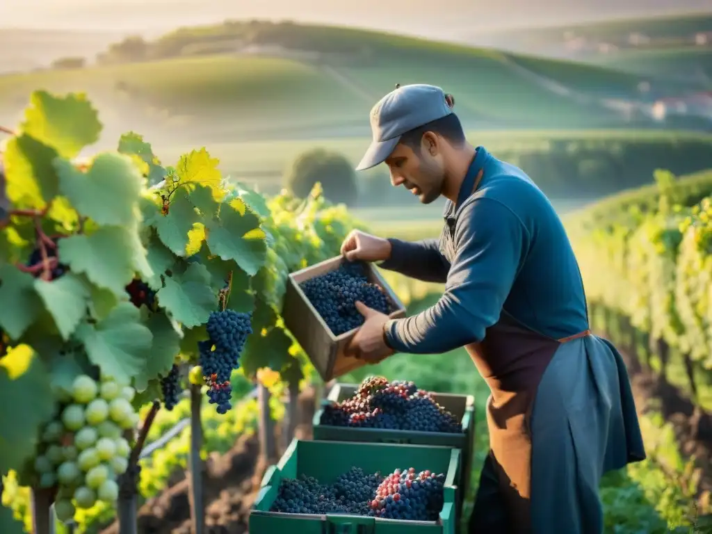 Equipo de vendimiadores seleccionando uvas en viñedos de Champagne, Francia