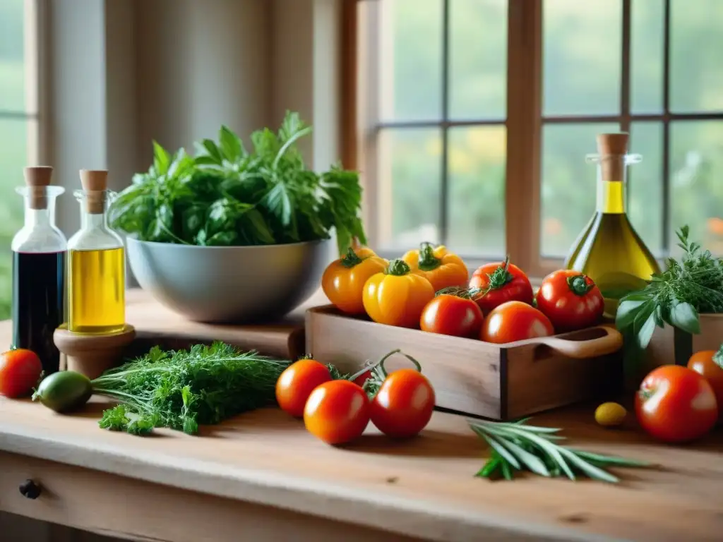 Una escena abundante de ingredientes de cocina francesa vegana en una mesa de madera rústica, iluminada por luz natural