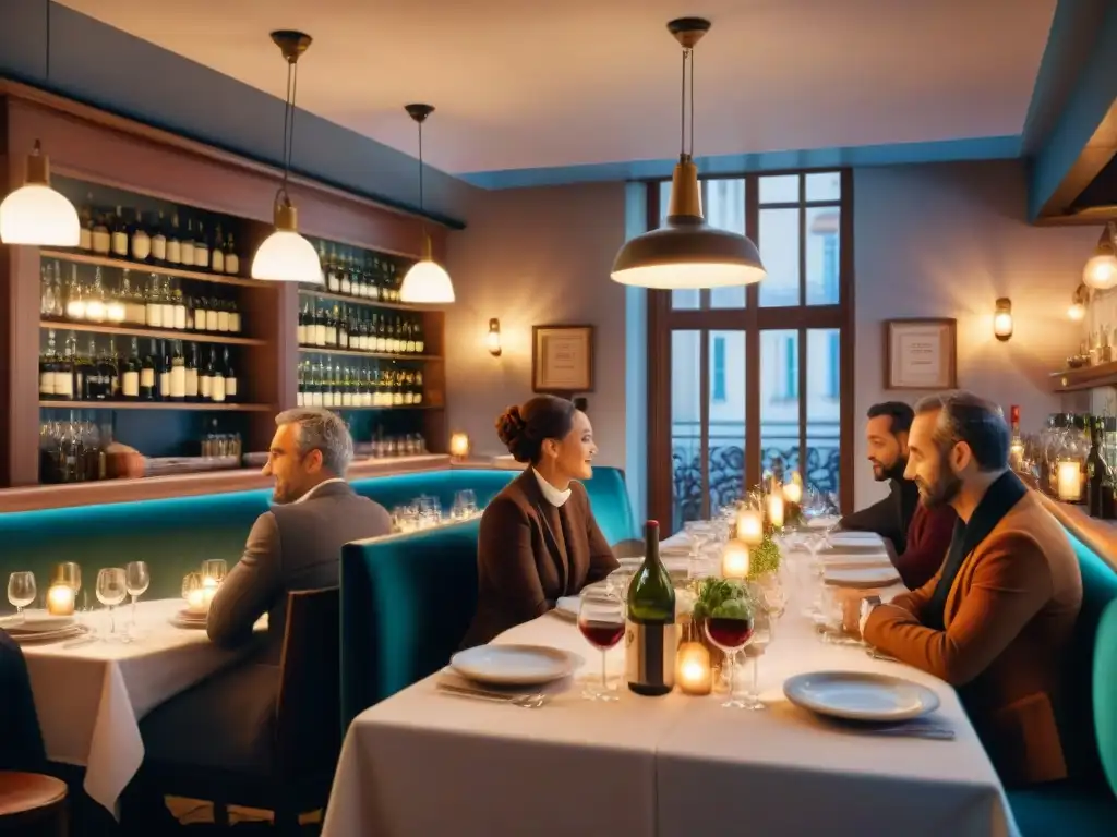 Una escena acogedora en un bistró francés, con gastronomía exquisita y la influencia cultural de la literatura francesa