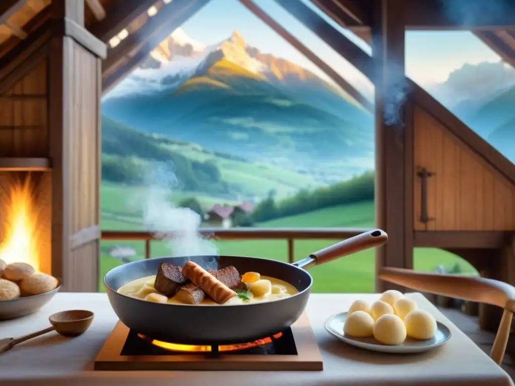 Escena acogedora de un chalet de madera en los Alpes franceses, con fondue y chef, evocando la gastronomía tradicional francesa en RódanoAlpes